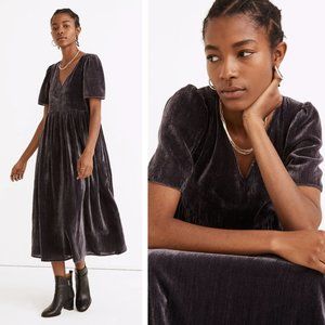 Madewell Velvet Puff-Sleeve V-Neck Midi Dress Purple Ribbed Party Cocktail
